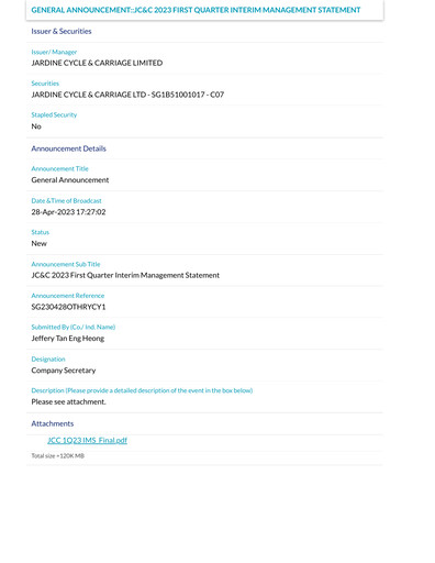 Vorschaubild Jardine Cycle & Carriage Quartalsbericht 2023-q1