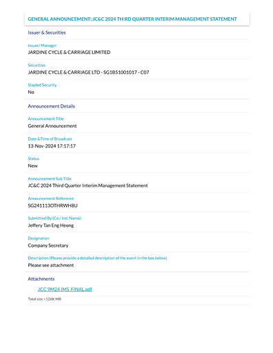 Vorschaubild Jardine Cycle & Carriage Quartalsbericht 2024-q3