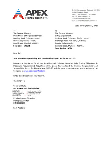 Miniature Apex Frozen Foods
 Rapport ESG 2022-2023