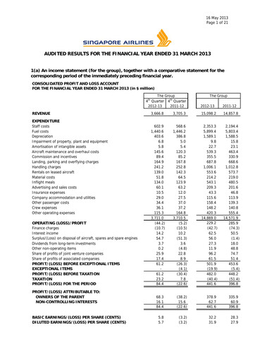 Miniature Singapore Airlines Rapport financier 2012-2013