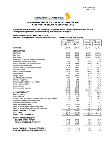 Miniature Singapore Airlines Rapport trimestriel 2016-q3