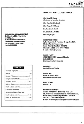 Thumbnail Safari Industries India Annual Report 2009-2010