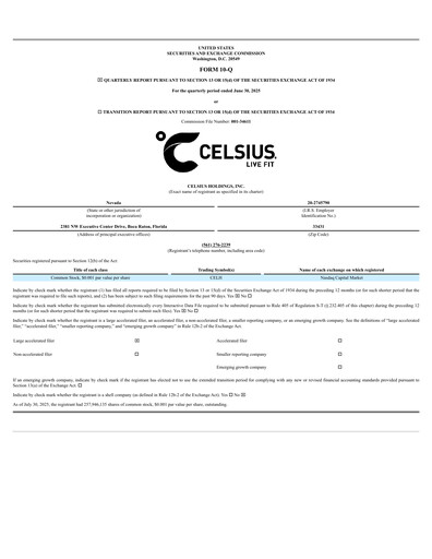 Miniature Celsius Holdings
 Rapport trimestriel 2025-q2