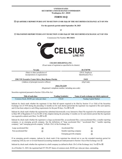 Miniature Celsius Holdings
 Rapport trimestriel 2025-q3