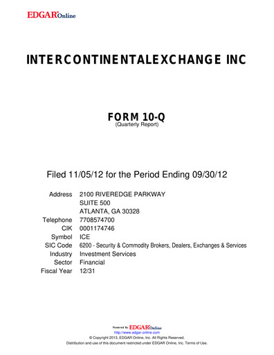 Thumbnail Intercontinental Exchange Quarterly Report 2012-q3
