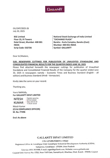 Thumbnail Gallantt Ispat Quarterly Report 2025-q1