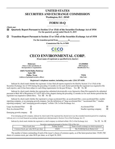 Thumbnail CECO Environmental
 Quarterly Report 2019-q1