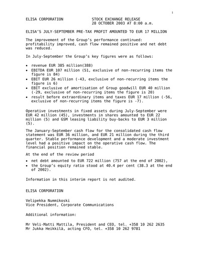 Thumbnail Elisa
 Quarterly Report 2003-q3