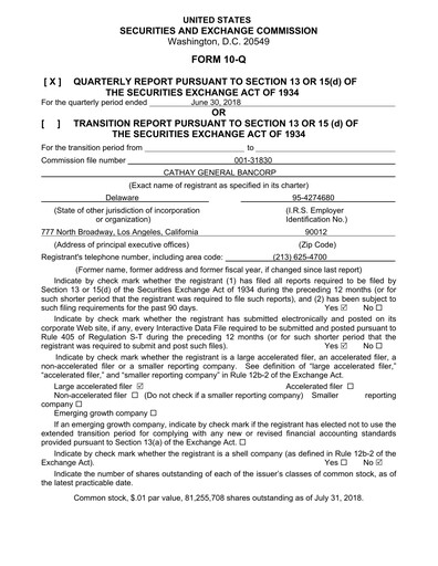 Thumbnail Cathay General Bancorp Quarterly Report 2018-q2