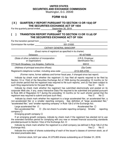Thumbnail Cathay General Bancorp Quarterly Report 2018-q3