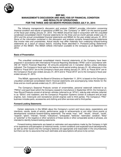 Thumbnail BRP (Bombardier Recreational Products) Quarterly Report 2015-q2