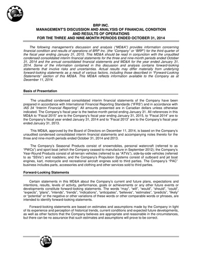 Thumbnail BRP (Bombardier Recreational Products) Quarterly Report 2015-q3
