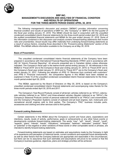 Thumbnail BRP (Bombardier Recreational Products) Quarterly Report 2019-q1