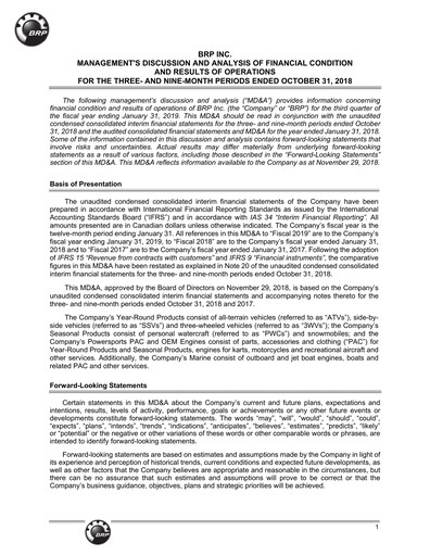 Thumbnail BRP (Bombardier Recreational Products) Quarterly Report 2019-q3