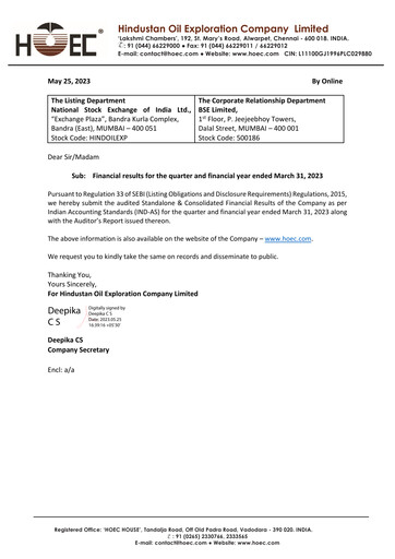 Thumbnail Hindustan Oil Exploration Company Financial Statement 2022-2023