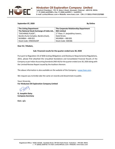 Thumbnail Hindustan Oil Exploration Company Quarterly Report 2020-q1