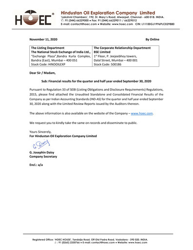 Thumbnail Hindustan Oil Exploration Company Quarterly Report 2020-q2