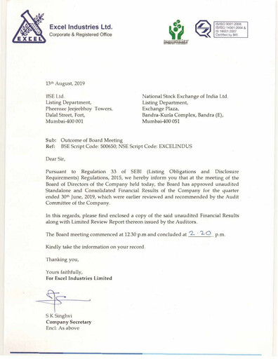 Vorschaubild Excel Industries Quartalsbericht 2019-q1