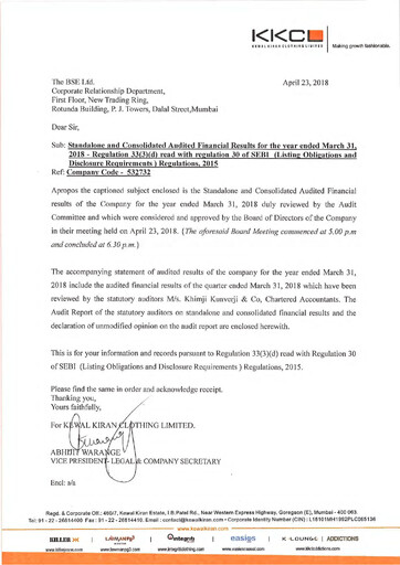Thumbnail Kewal Kiran Clothing
 Quarterly Report 2018-q4