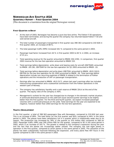 Thumbnail Norwegian Air Shuttle
 Quarterly Report 2004-q1