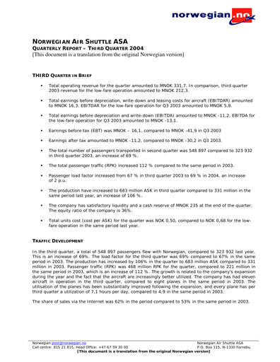 Thumbnail Norwegian Air Shuttle
 Quarterly Report 2004-q3