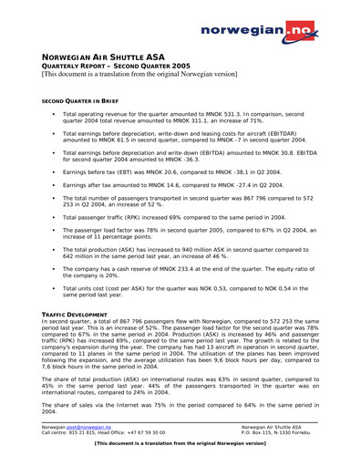 Thumbnail Norwegian Air Shuttle
 Quarterly Report 2005-q2