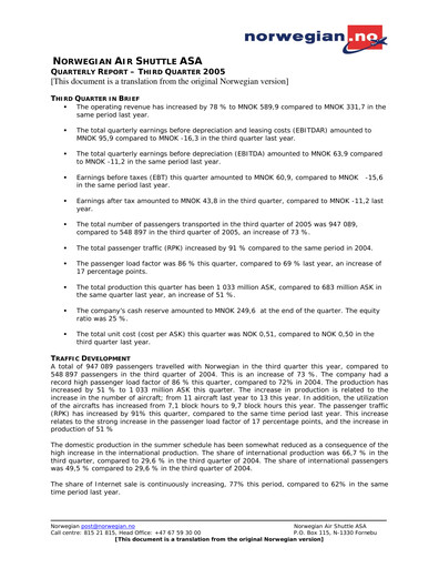 Thumbnail Norwegian Air Shuttle
 Quarterly Report 2005-q3