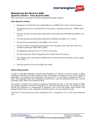Thumbnail Norwegian Air Shuttle
 Quarterly Report 2006-q1
