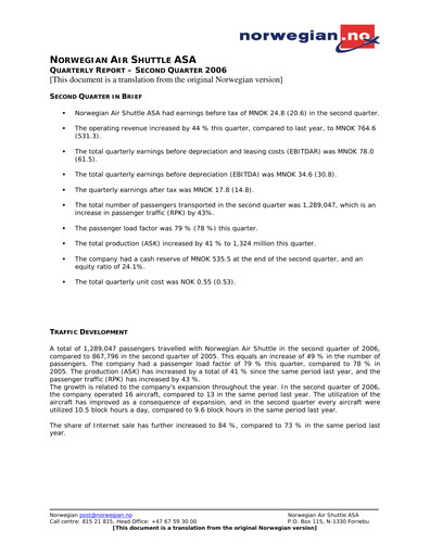 Thumbnail Norwegian Air Shuttle
 Quarterly Report 2006-q2