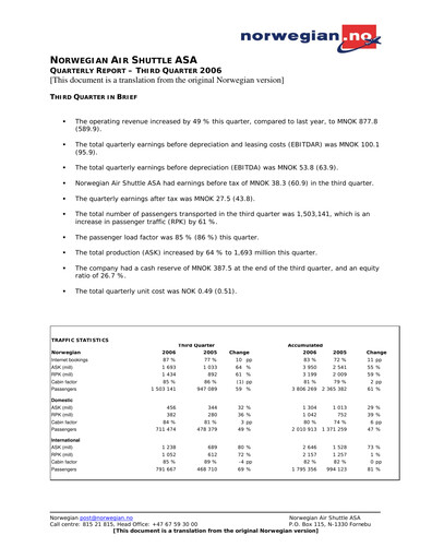 Thumbnail Norwegian Air Shuttle
 Quarterly Report 2006-q3