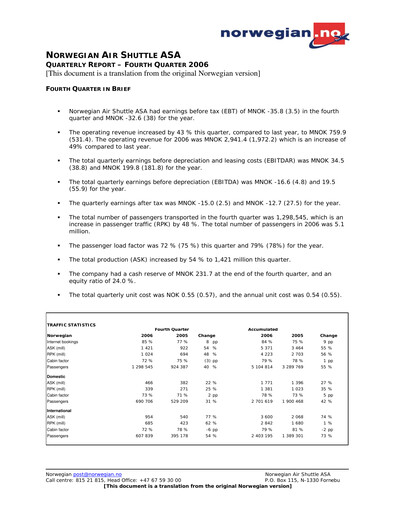 Thumbnail Norwegian Air Shuttle
 Quarterly Report 2006-q4