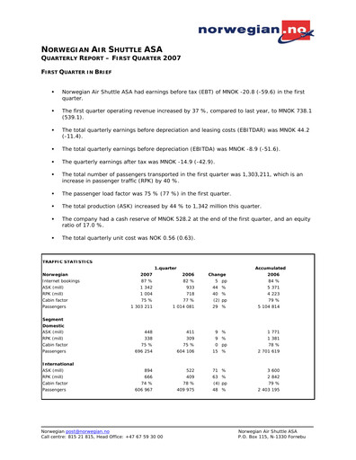 Thumbnail Norwegian Air Shuttle
 Quarterly Report 2007-q1