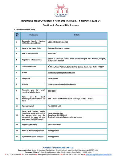 Thumbnail Gateway Distriparks ESG Report 2023-2024