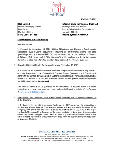 Thumbnail Gateway Distriparks Quarterly Report 2023-q2