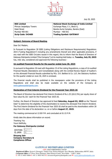 Thumbnail Gateway Distriparks Quarterly Report 2025-q1