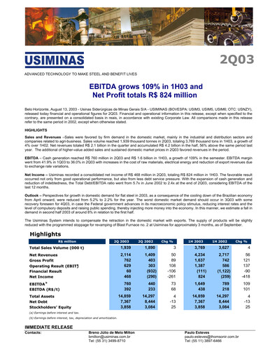 Thumbnail Usiminas Quarterly Report 2003-q2