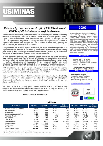 Thumbnail Usiminas Quarterly Report 2006-q3