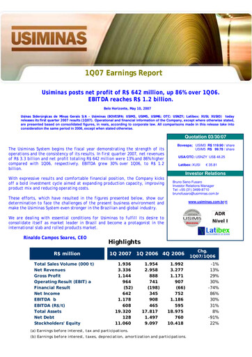 Thumbnail Usiminas Quarterly Report 2007-q1
