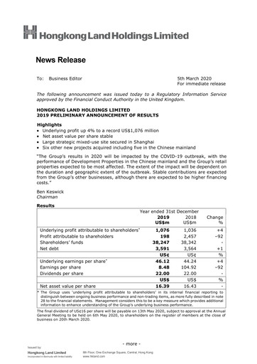 Thumbnail Hongkong Land
 Financial Report 2019