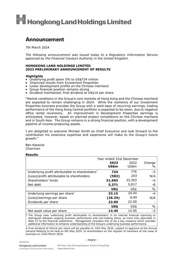 Thumbnail Hongkong Land
 Financial Report 2023