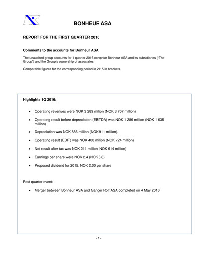 Thumbnail Bonheur ASA Quarterly Report 2016-q1