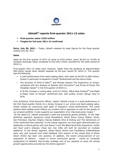 Thumbnail Ubisoft Quarterly Report 2011-q1
