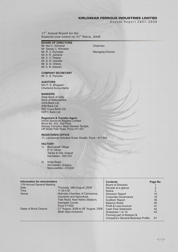 Thumbnail Kirloskar Ferrous Industries Annual Report 2007-2008