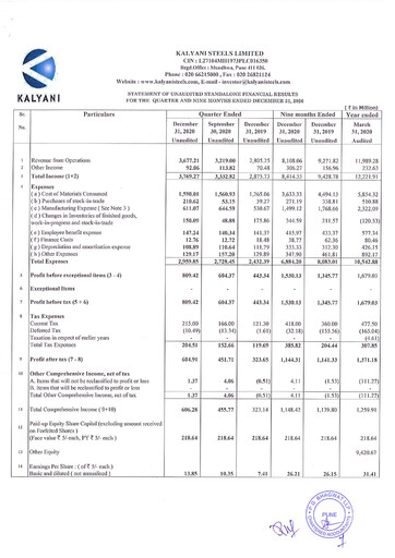Thumbnail Kalyani Steels Quarterly Report 2020-q3
