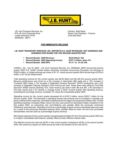 Miniature J. B. Hunt
 Rapport trimestriel 2025-q2