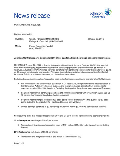 Thumbnail Johnson Controls
 Quarterly Report 2016-q1