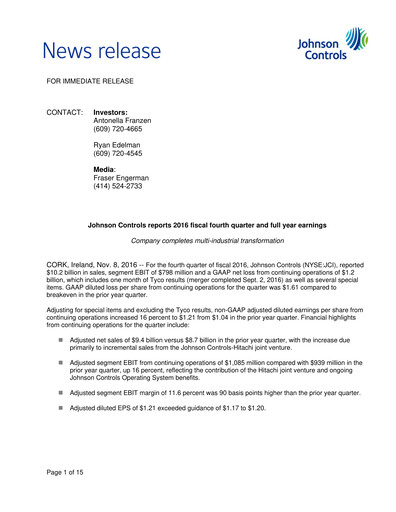 Thumbnail Johnson Controls
 Quarterly Report 2016-q4