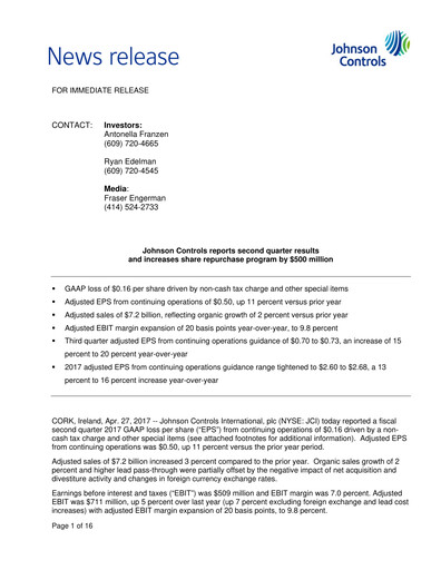 Thumbnail Johnson Controls
 Quarterly Report 2017-q2