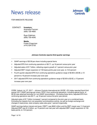 Thumbnail Johnson Controls
 Quarterly Report 2017-q3