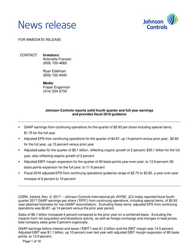 Thumbnail Johnson Controls
 Quarterly Report 2017-q4